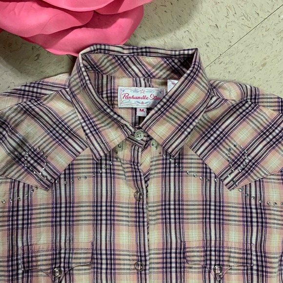 PANHANDLE SLIM‎ Shirt Womens Sz M Metallic Plaid Pearl Snap Rhinestone Western - Picture 2 of 12